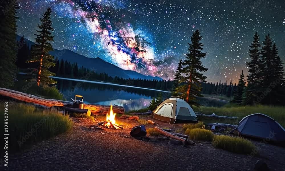 Wall mural dynamic view of a camping tent in the mountains