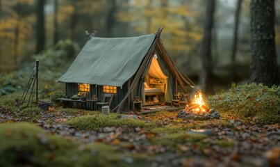 Cozy Autumnal Cabin in the Forest with a Warm Fire