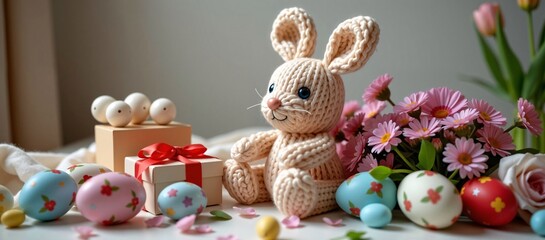 Obraz premium Crochet Easter Bunny with Eggs and Flowers, a Springtime Tabletop