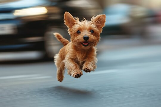 A small dog swiftly runs across a busy road, barely missing oncoming traffic. Autumn colors surround the area, creating a lively yet tense moment in the day