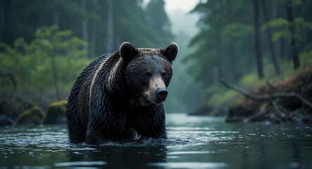 Bear stepping out of the jungle wetlands