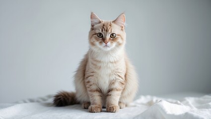 Adorable young light-colored cat seated on white surface.