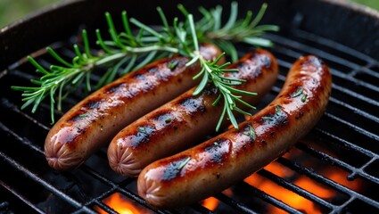 Sizzling sausages accompanied by fresh rosemary on a barbecue grill