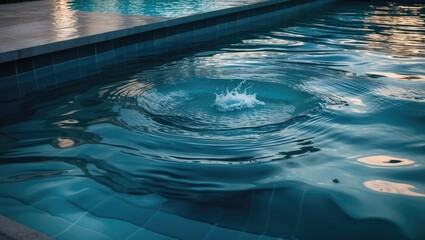 Swimming pool water texture with reflections creating blue waves and nature elements.