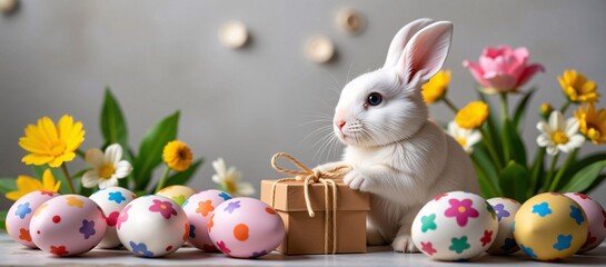 White Easter Bunny with Gift, Pastel Eggs, and Colorful Flowers, Festive Springtime Scene with Rabbit, Decorated Eggs, and Floral Accents