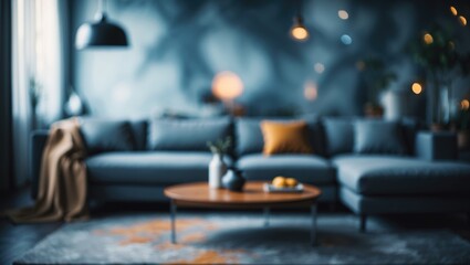Blurry image of a modern living room setting featuring a gray sofa in the background.