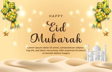 happy eid mubarak template banner with beautiful islamic ornament with yellow background design 05