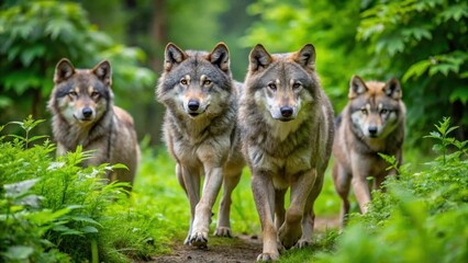 Obraz premium Gray wolves walking through the dense jungle undergrowth , wild animal, pack behavior, wild animal, pack behavior