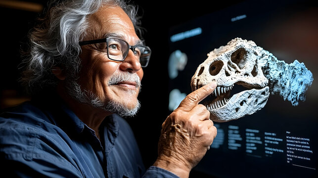 Senior Paleontologist Examining a Dinosaur Fossil with Great Curiosity