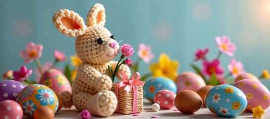 Crocheted Easter Bunny with Gift, Pastel Eggs, and Flowers on Light Blue Background, Festive Springtime Scene with Handmade Rabbit, Decorated Eggs, and Floral Accents