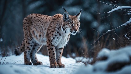 Obraz premium A large lynx remains alert in a snowy winter landscape.