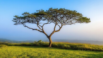 Obraz premium Beautiful Lone Tree on Green Hillside Against a Clear Blue Sky and Soft Foggy Background