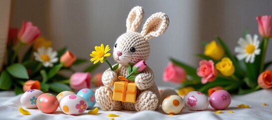 Crocheted Easter Bunny with Gift, Pastel Eggs, and Flowers, Festive Springtime Scene with Handmade Rabbit, Decorated Eggs, and Floral Accents