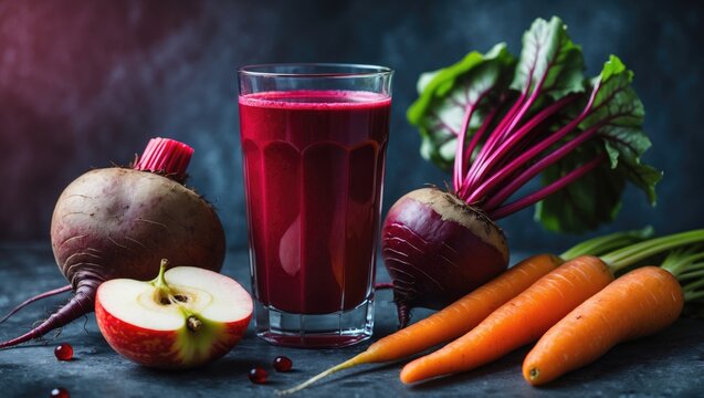 Fresh beetroot juice served in a glass alongside organic beetroots, apples, and carrots.