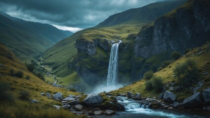 Panorama from the rincon del verde showcasing the salto de tendenera waterfall within the ripera valley of the Pyrenees