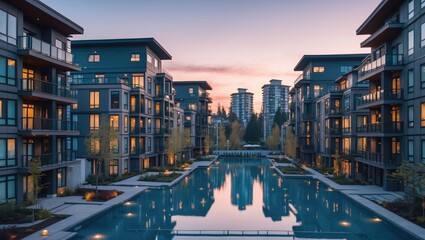 Obraz premium Modern Canadian Apartment Complexes in Vancouver, British Columbia. Contemporary homes depicted on a sunny day. No people present, captured in Vancouver, Canada.