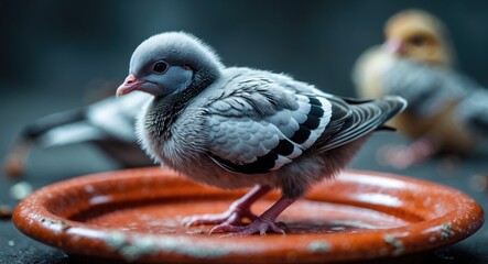Fototapeta premium Intimate shot of a young pigeon chick standing on a red clay plate
