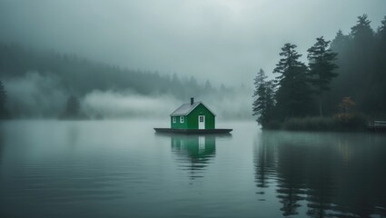 Fototapeta premium misty lake scenery featuring a small green house adrift in the middle.