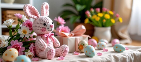 Obraz premium Crocheted Pink Easter Bunny with Flowers, Eggs, and Gift on Table