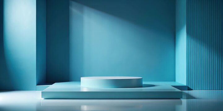 A serene blue wall with a subtle gradient effect serves as the backdrop for an abstract artistic scene, complemented by a sleek podium in the center , contemporary style, monochromatic color scheme