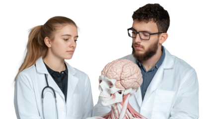 Anatomical model demonstration by medical professionals on transparent background