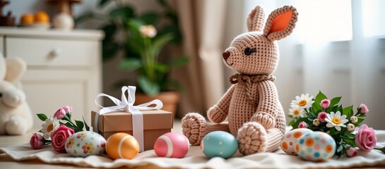 Crocheted Easter Bunny with Flowers, Eggs, and Gift on Table