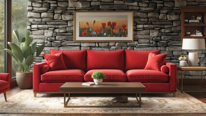 Crimson couch in a cozy living space featuring a stony wall - digital illustration