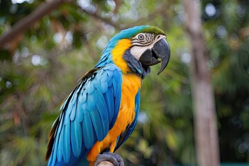 Vibrant plumage, perched on a branch, shallow depth of field, natural light, bokeh background