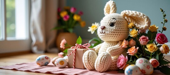 Crocheted Easter Bunny with Roses, Eggs, and Gift by Window