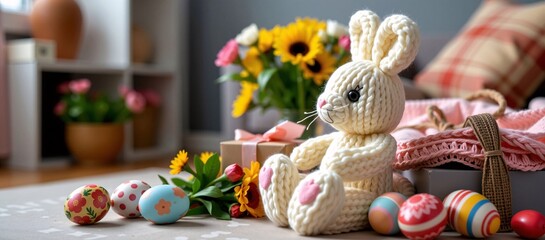 Fototapeta premium Crocheted Easter Bunny with Flowers, Eggs, and Gifts