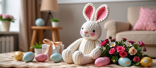 Crocheted Easter Bunny with Flowers and Eggs on Table