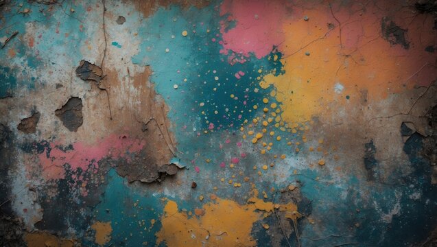Textured background featuring a vibrant abstract design with various shades and grunge elements. It includes color patterns, scratches, paint splatters, brushstrokes, and old blemishes on a distres...