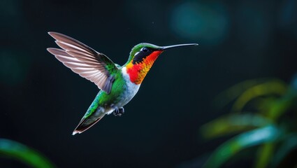 Obraz premium Vibrant and Glossy Fiery-throated Hummingbird, Panterpe insignis, colorful bird soaring. Dynamic wildlife moment captured in a dark tropical forest. Bright mountain bird from Costa Rica.