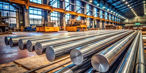 High-strength round steel bar with a rough surface and welding marks on a factory floor , metal fabrication, heavy machinery