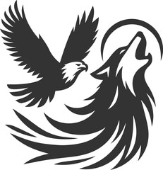A wolf howling with an eagle soaring above animal vector silhouette