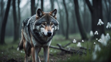 Obraz premium wolf in a blooming woodland