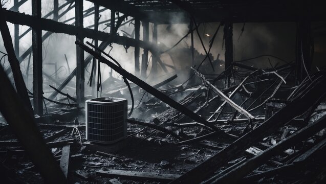 Structure entirely consumed by fire; flames originating from the lower level. Scattered debris including burnt wood, a damaged air conditioning unit, and a collapsed framework with warped metal rai...
