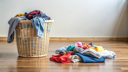 Clothes scattered on the floor near a laundry basket, fabric, chaos,  fabric, chaos, clutter