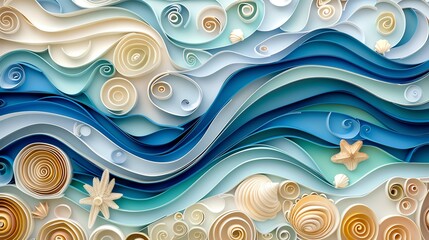 A vibrant paper art illustration of swirling waves and shells in soothing blue tones.
