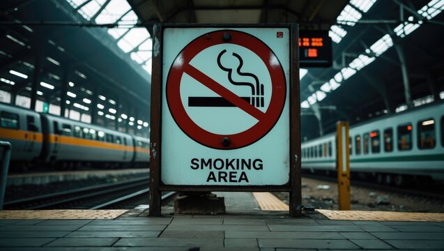 Sign indicating designated smoking zone at railway station - August 16, 2021. Captured using a Realme 7i cellphone camera in Jakarta, Indonesia.