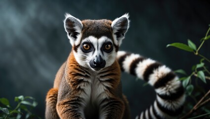 Fototapeta premium Lemur catta with ringed tail. Individual lemur gazing directly into the camera.