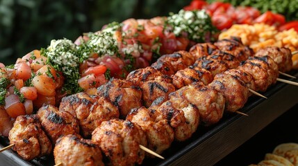 Grilled Chicken Skewers with Fresh Tomato Salad and Veggies a Delicious and Healthy Meal Close Up View