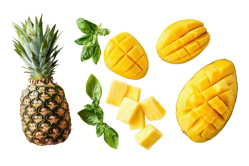 A diverse mix of tropical fruits including pineapples, mangoes, bananas, and papayas, combined with fresh herbs like basil and cilantro.