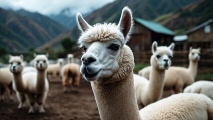 Obraz premium Detailed view of a white alpaca on a farm near Puno, Peru.