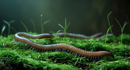 Worms resting on lush green moss. Annelids, Lumbricidae family.