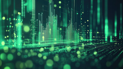 Abstract background with green glowing rays and bokeh dots. Big data concept. Vector for banner. Green tech wallpaper.