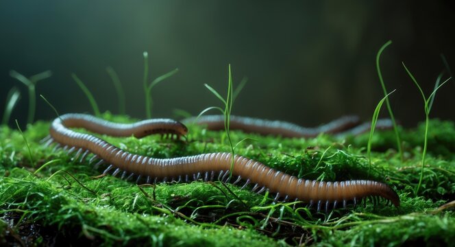 Worms resting on lush green moss. Annelids, Lumbricidae family.