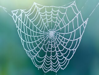 A macro shot of a dew-covered spider web glistening in the early morning sun