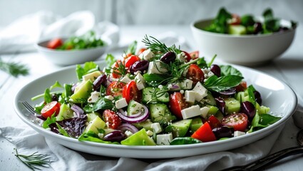 Vibrant Greek salad presented on a white dish against a light backdrop, close-up, side angle.