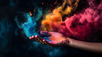 A hand releasing colorful chalk dust into the air against a black background, creating vibrant swirls -